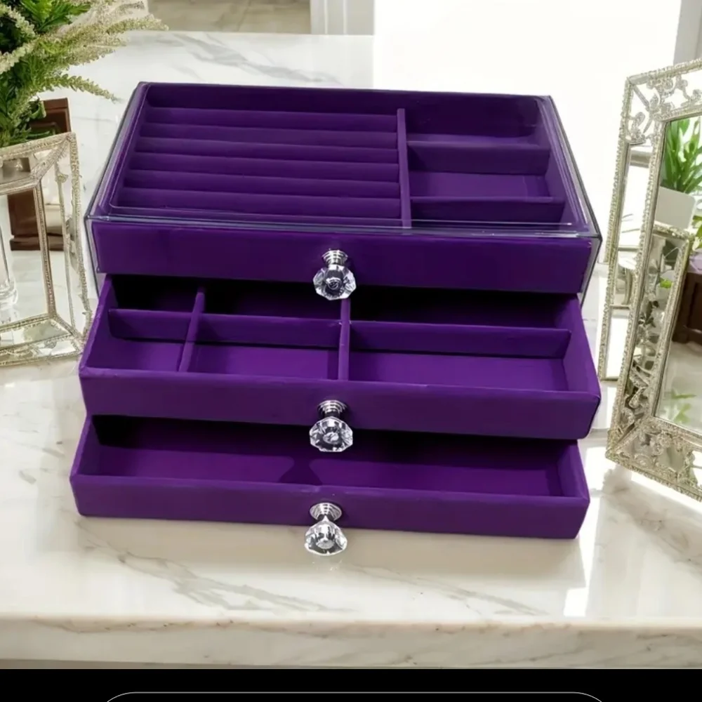🆕️ ROYAL PURPLE VELVET JEWELRY ORGANIZER BOX - 3 DRAWER - Picture 2 of 6